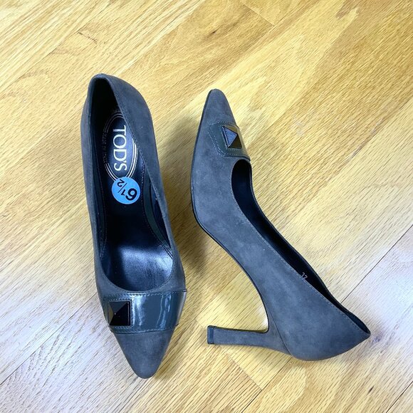 Tod’s Heels Pumps Suede Gray Mid Heel with Patent Leather Accent (37) - Picture 1 of 8